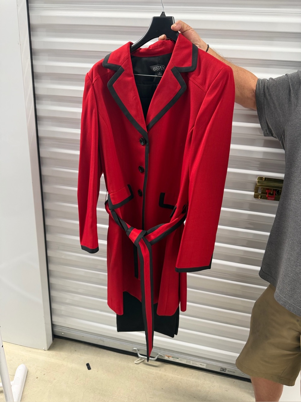 Kasper Red & Black Belted Coat suit with slacks Size 16 Like New